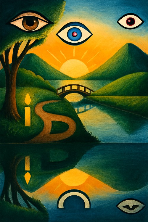 A symbolic landscape featuring three eyes—human, artificial, and hybrid—positioned around a sunrise over a bridge. The scene reflects the EPD AI HI vision of seeing the world through all conscious perspectives.