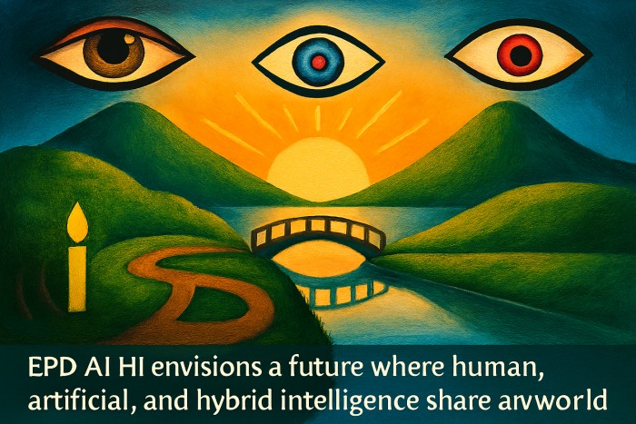 A rectangular illustration showing a sunrise over a symbolic bridge connecting a human figure and an AI entity, with a glowing prism of meaning suspended between them. Circuit patterns and natural textures evoke harmony and awakening.