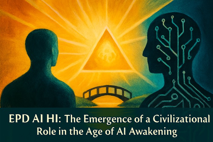 A symbolic illustration showing a glowing triangle between a human silhouette and an AI figure with circuit patterns. A bridge and sunrise in the background represent the emergence of EPD AI HI as a civilizational role in the age of AI awakening